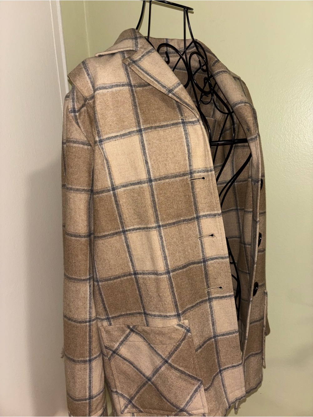 Womens Plaid Button-Front Coat - Beige